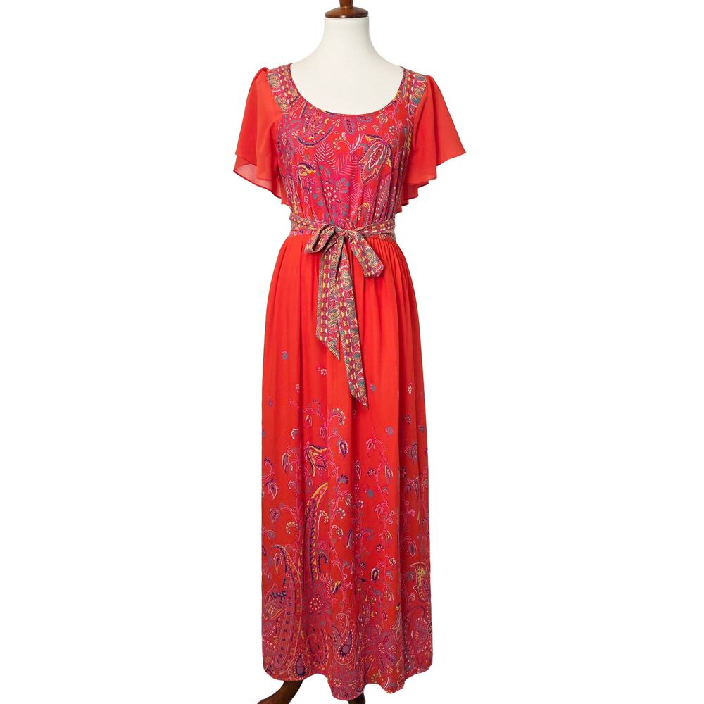 Anthropologie Maeve Orange Blushed Paisley Maxi Dress Sz 4 Boho Flutter Sleeve